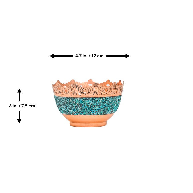Handmade Persian Turquoise Inlaid Copper (Firoozeh Koobi) bowl. A unique decorative art piece, perfect for home décor, gifts, or collectibles.