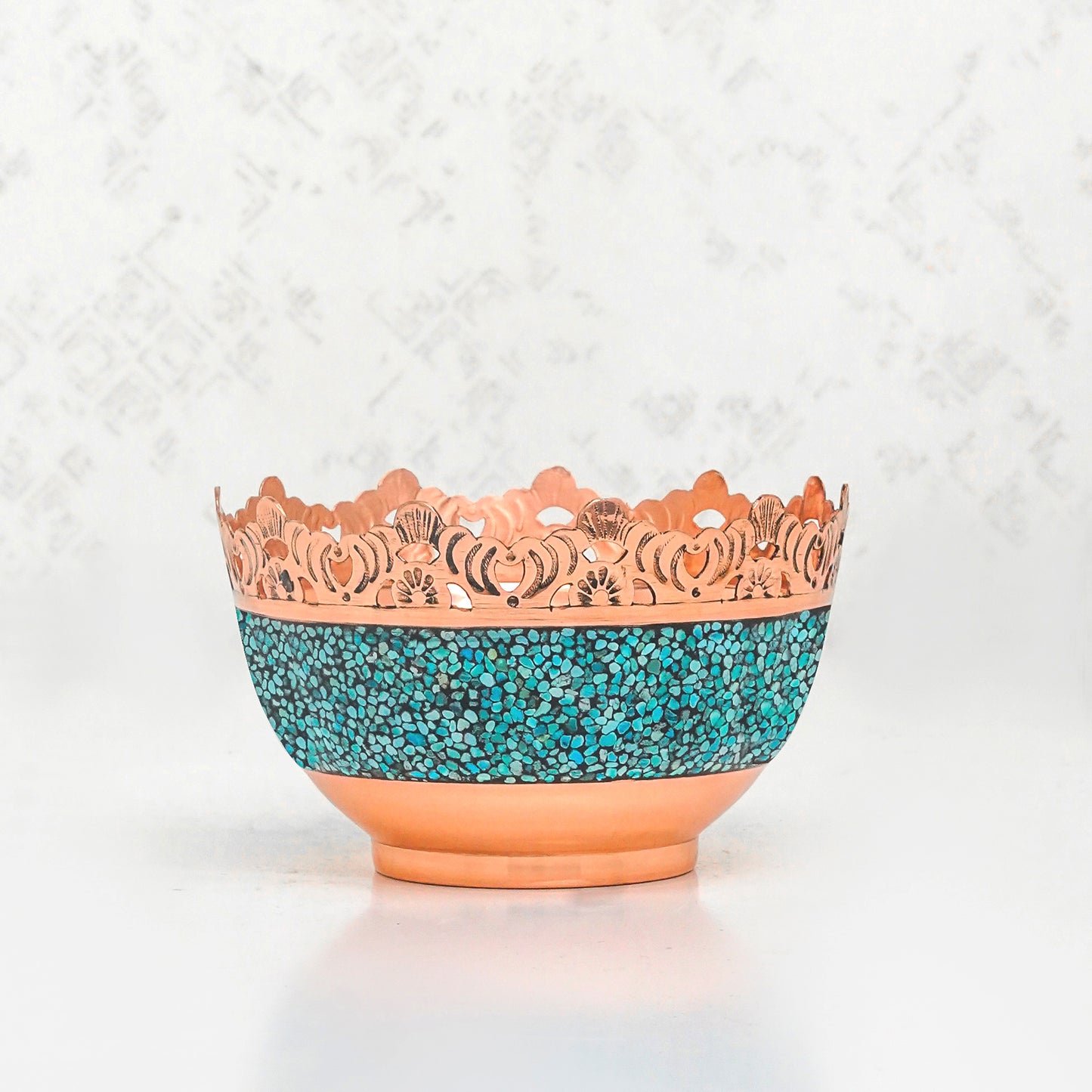 Handmade Persian Turquoise Inlaid Copper (Firoozeh Koobi) bowl. A unique decorative art piece, perfect for home décor, gifts, or collectibles.