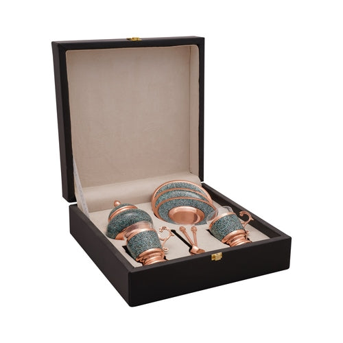 Handmade Persian Turquoise Inlaid Copper (Firoozeh Koobi) Tea Cup and Saucer Gift Set. A handmade decorative centerpiece, perfect for gifts or home décor.