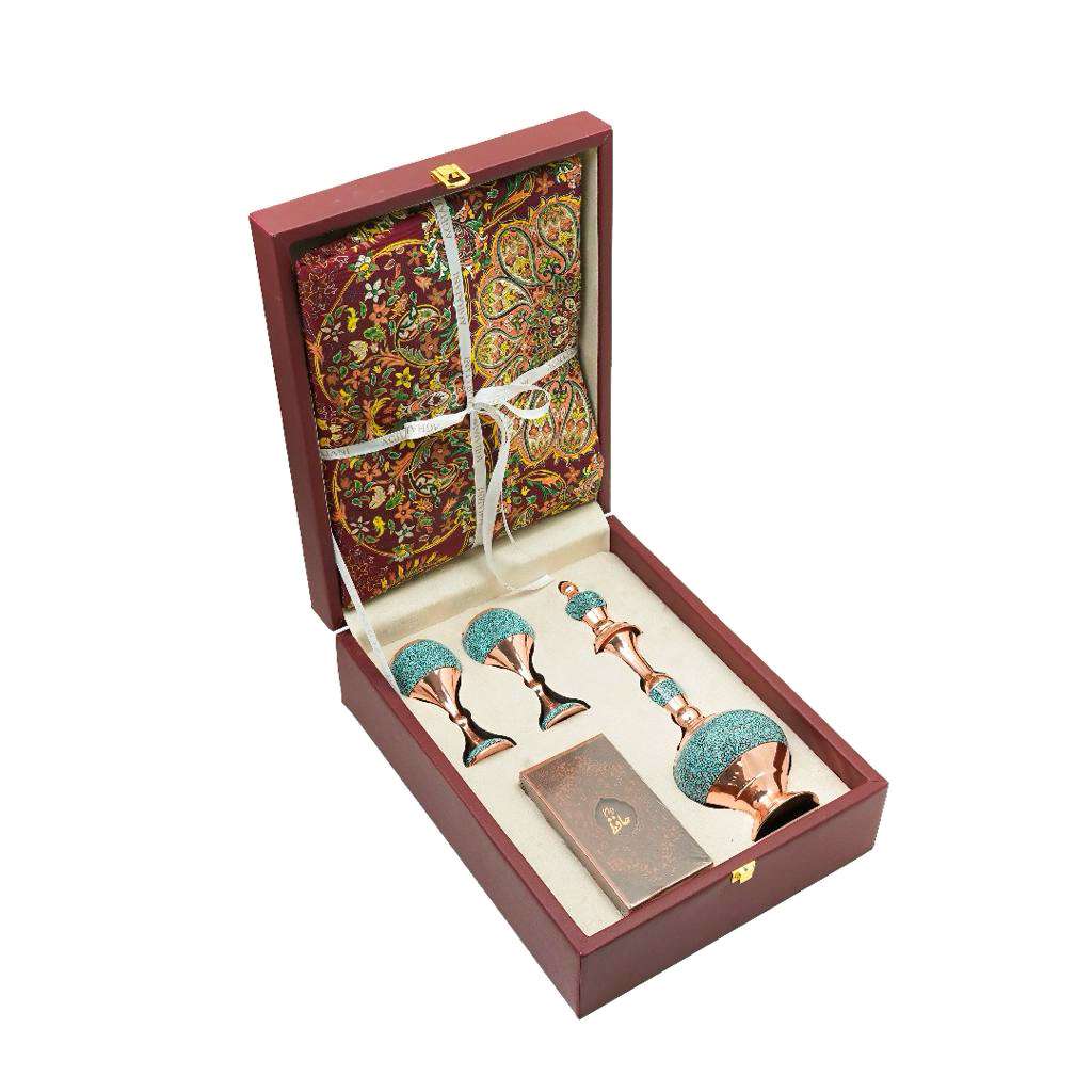 Handmade Persian Turquoise Inlaid Copper (Firoozeh Koobi) Decanter Gift Set. A handmade decorative centerpiece, perfect for gifts or home décor.