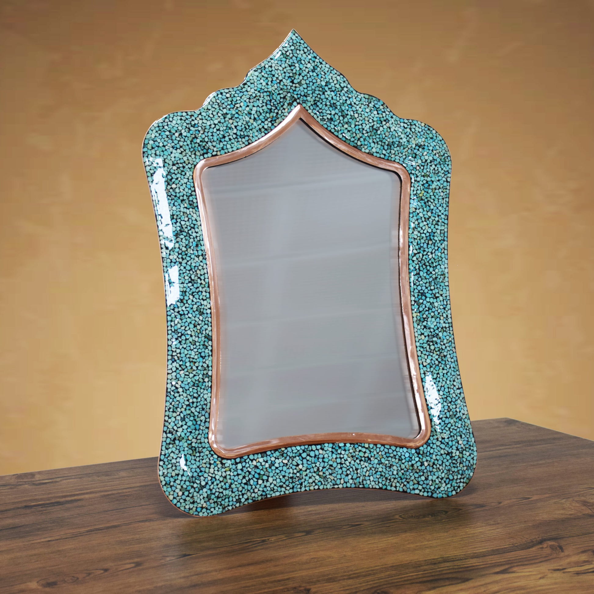 Handmade Turquoise Inlaid Copper (Firoozeh Koobi) Mirror. A unique decorative art piece, perfect for home décor, gifts, or collectibles.