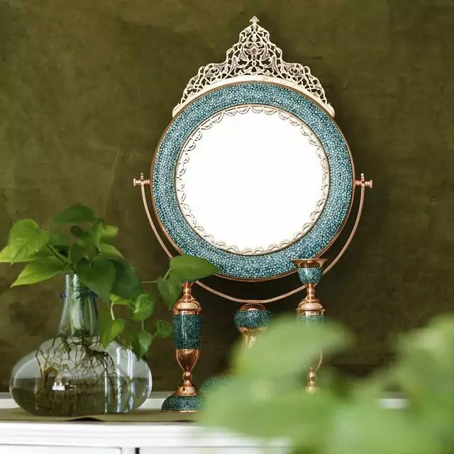Handmade Turquoise Inlaid Copper (Firoozeh Koobi) Mirror. A unique decorative art piece, perfect for home décor, gifts, or collectibles.