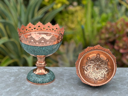 Handmade Persian Turquoise Inlaid Copper (Firoozeh Koobi) bowl gift box. A handmade decorative centerpiece, perfect for gifts or home décor.