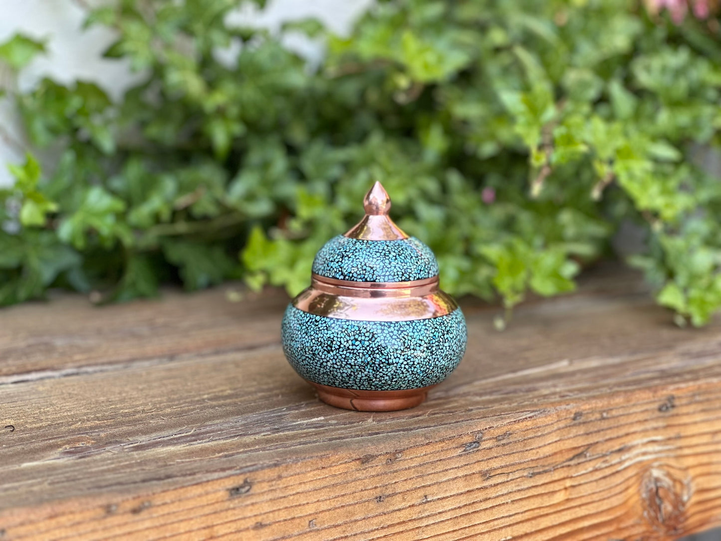 Handmade Persian Turquoise Inlaid Copper (Firoozeh Koobi) Sugar Pot. A unique decorative art piece, perfect for home décor, gifts, or collectibles.