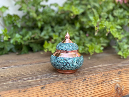 Handmade Persian Turquoise Inlaid Copper (Firoozeh Koobi) Sugar Pot. A unique decorative art piece, perfect for home décor, gifts, or collectibles.