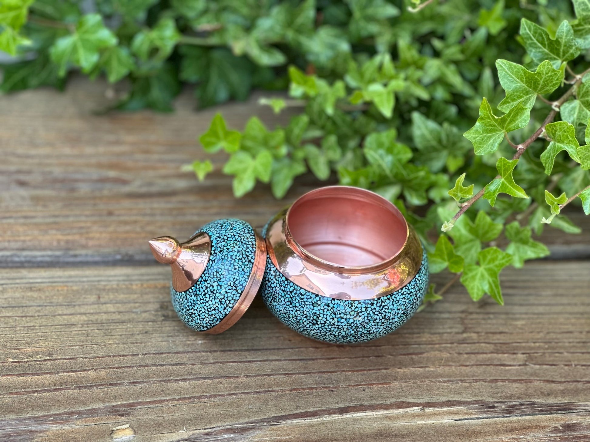 Handmade Persian Turquoise Inlaid Copper (Firoozeh Koobi) Sugar Pot. A unique decorative art piece, perfect for home décor, gifts, or collectibles.