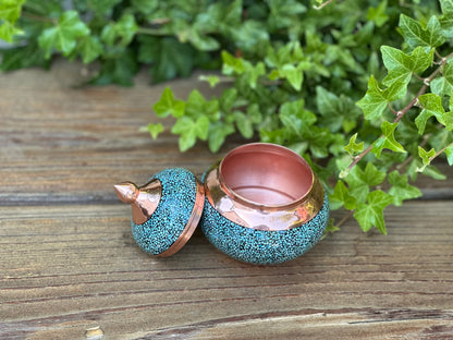 Handmade Persian Turquoise Inlaid Copper (Firoozeh Koobi) Sugar Pot. A unique decorative art piece, perfect for home décor, gifts, or collectibles.