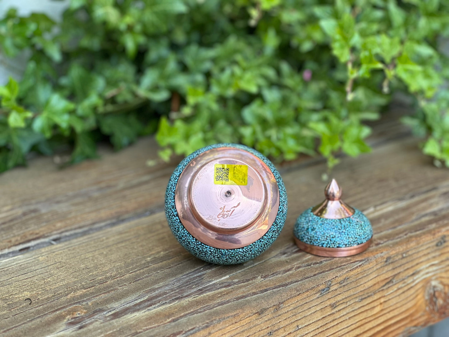 Handmade Persian Turquoise Inlaid Copper (Firoozeh Koobi) Sugar Pot. A unique decorative art piece, perfect for home décor, gifts, or collectibles.