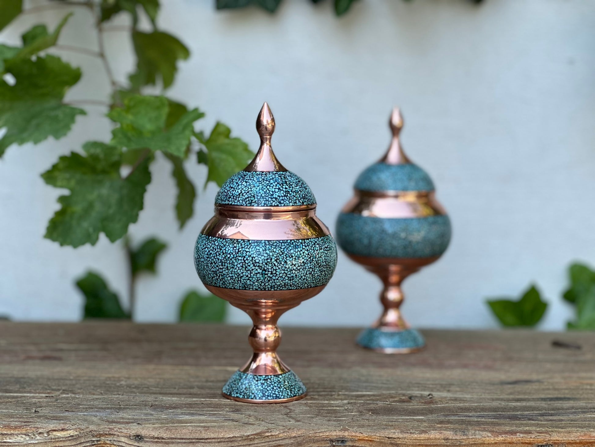Handmade Persian Turquoise Inlaid Copper (Firoozeh Koobi) candy Pot. A unique decorative art piece, perfect for home décor, gifts, or collectibles.