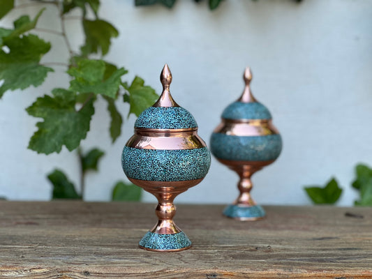 Handmade Persian Turquoise Inlaid Copper (Firoozeh Koobi) candy Pot. A unique decorative art piece, perfect for home décor, gifts, or collectibles.