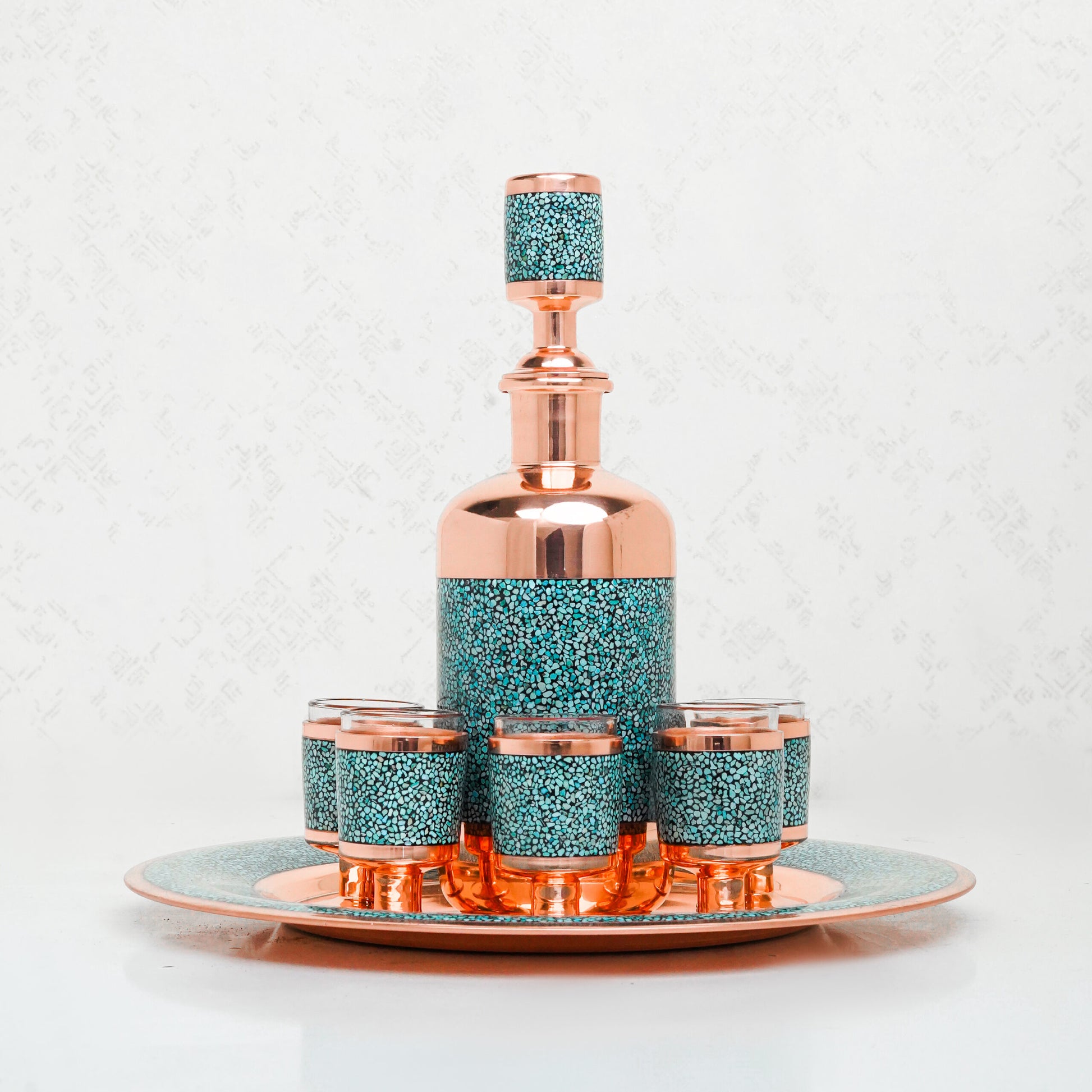 Handmade Persian Turquoise Inlaid Copper (Firoozeh Koobi) Miniature Decanter Gift Set. A handmade decorative centerpiece, perfect for gifts or home décor.