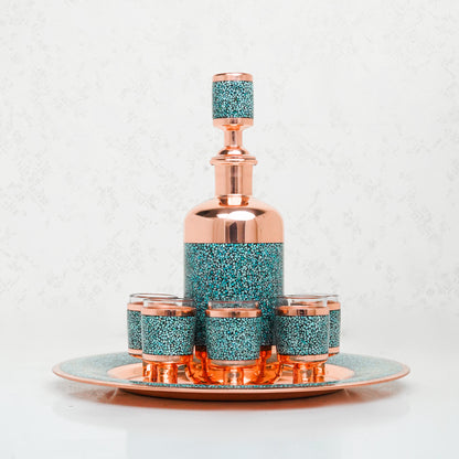 Handmade Persian Turquoise Inlaid Copper (Firoozeh Koobi) Miniature Decanter Gift Set. A handmade decorative centerpiece, perfect for gifts or home décor.