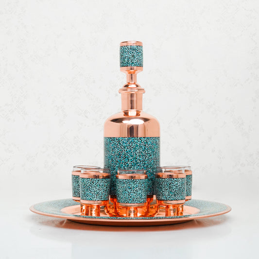 Handmade Persian Turquoise Inlaid Copper (Firoozeh Koobi) Miniature Decanter Gift Set. A handmade decorative centerpiece, perfect for gifts or home décor.