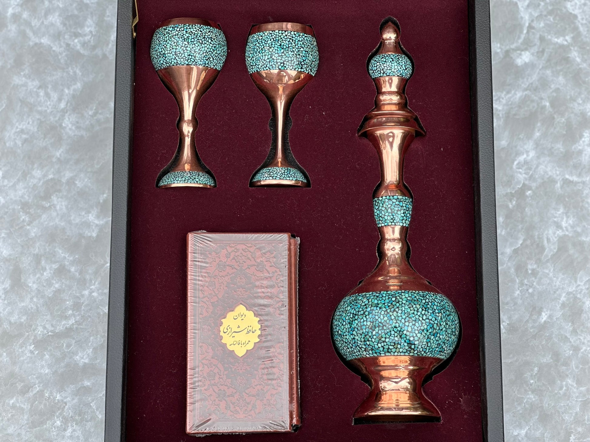 Handmade Persian Turquoise Inlaid Copper (Firoozeh Koobi) Decanter Gift Set. A handmade decorative centerpiece, perfect for gifts or home décor.