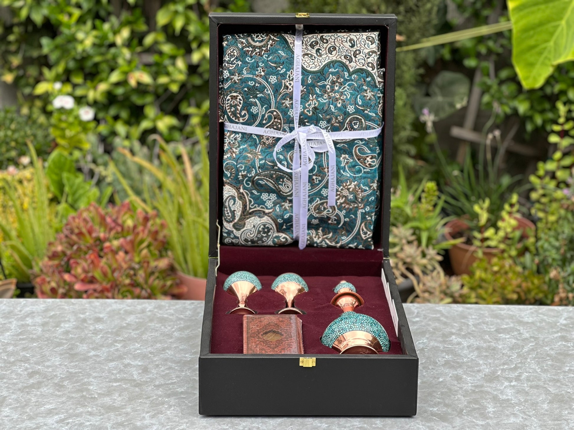 Handmade Persian Turquoise Inlaid Copper (Firoozeh Koobi) Decanter Gift Set. A handmade decorative centerpiece, perfect for gifts or home décor.