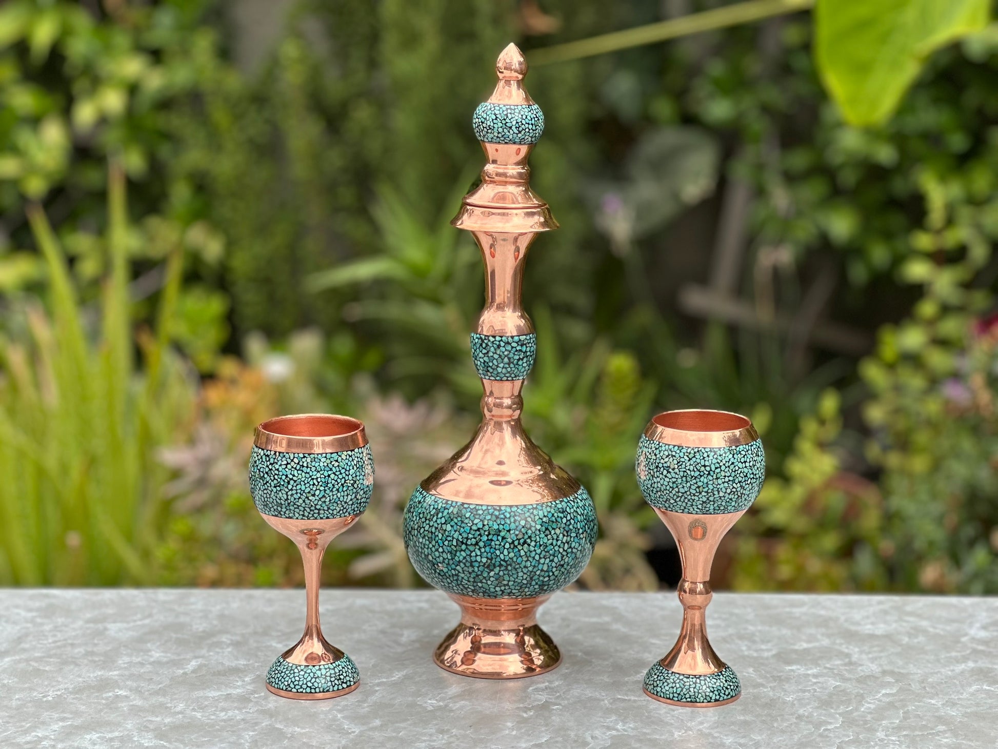 Handmade Persian Turquoise Inlaid Copper (Firoozeh Koobi) Decanter Gift Set. A handmade decorative centerpiece, perfect for gifts or home décor.
