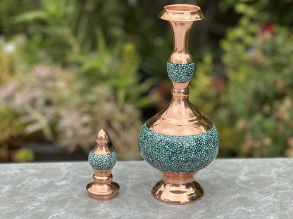Handmade Persian Turquoise Inlaid Copper (Firoozeh Koobi) Decanter Gift Set. A handmade decorative centerpiece, perfect for gifts or home décor.