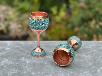 Handmade Persian Turquoise Inlaid Copper (Firoozeh Koobi) Decanter Gift Set. A handmade decorative centerpiece, perfect for gifts or home décor.