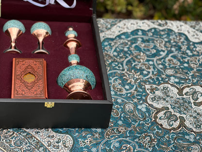 Handmade Persian Turquoise Inlaid Copper (Firoozeh Koobi) Decanter Gift Set. A handmade decorative centerpiece, perfect for gifts or home décor.