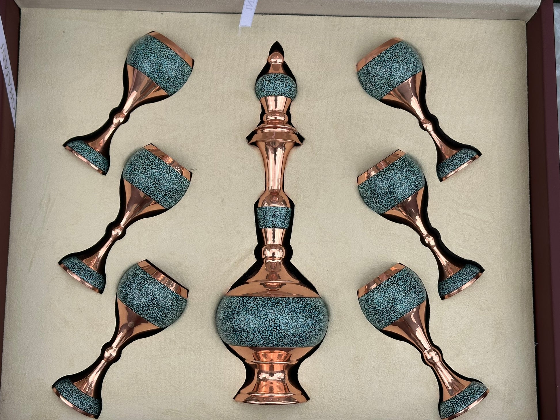 Handmade Persian Turquoise Inlaid Copper (Firoozeh Koobi) Wine Decanter Gift Set. A handmade decorative centerpiece, perfect for gifts or home décor.
