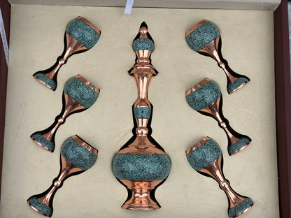 Handmade Persian Turquoise Inlaid Copper (Firoozeh Koobi) Wine Decanter Gift Set. A handmade decorative centerpiece, perfect for gifts or home décor.