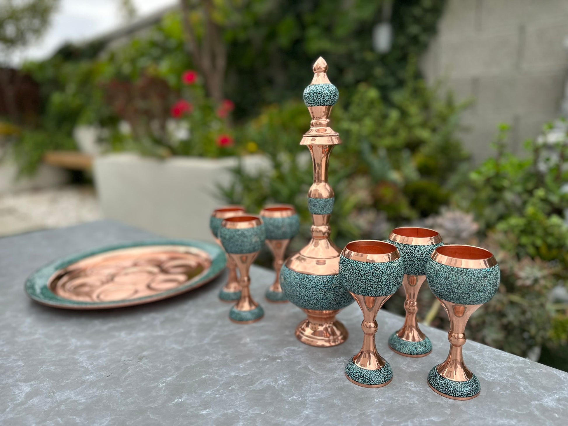 Handmade Persian Turquoise Inlaid Copper (Firoozeh Koobi) Wine Decanter Gift Set. A handmade decorative centerpiece, perfect for gifts or home décor.