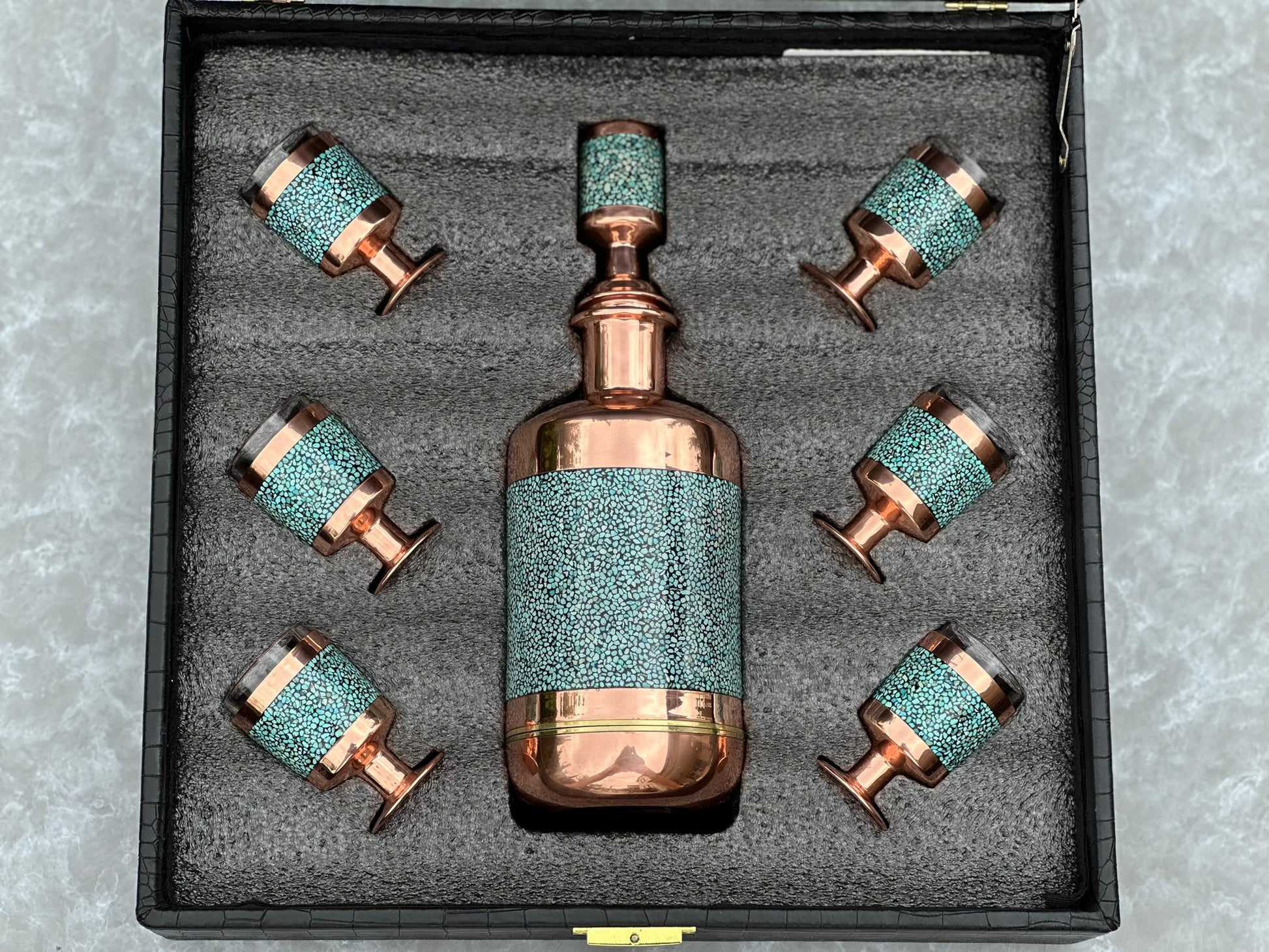Handmade Persian Turquoise Inlaid Copper (Firoozeh Koobi) Miniature Decanter Gift Set. A handmade decorative centerpiece, perfect for gifts or home décor.