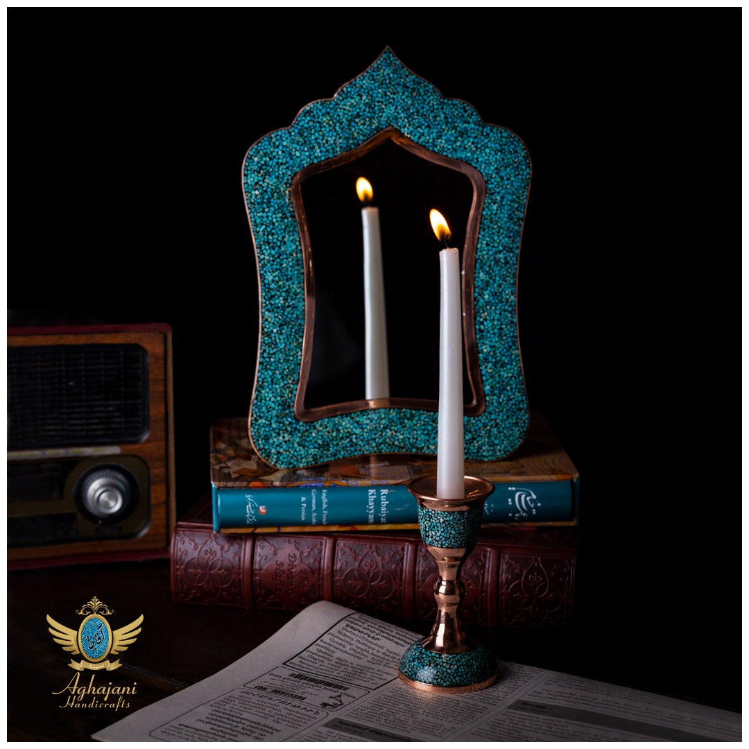 Handmade Turquoise Inlaid Copper (Firoozeh Koobi) Mirror. A unique decorative art piece, perfect for home décor, gifts, or collectibles.