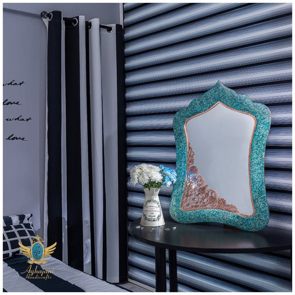 Handmade Turquoise Inlaid Copper (Firoozeh Koobi) Mirror. A unique decorative art piece, perfect for home décor, gifts, or collectibles.