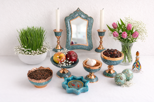 Handmade Persian turquoise inlay (Firoozeh Koobi) Haft-Seen (haftsin) Set . A unique decorative art piece, perfect for Nowruz, home décor, gifts, or collectibles.