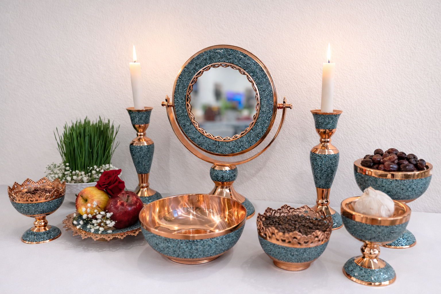 Handmade Persian turquoise inlay (Firoozeh Koobi) Haft-Seen (haftsin) Set . A unique decorative art piece, perfect for home décor, gifts, or collectibles.