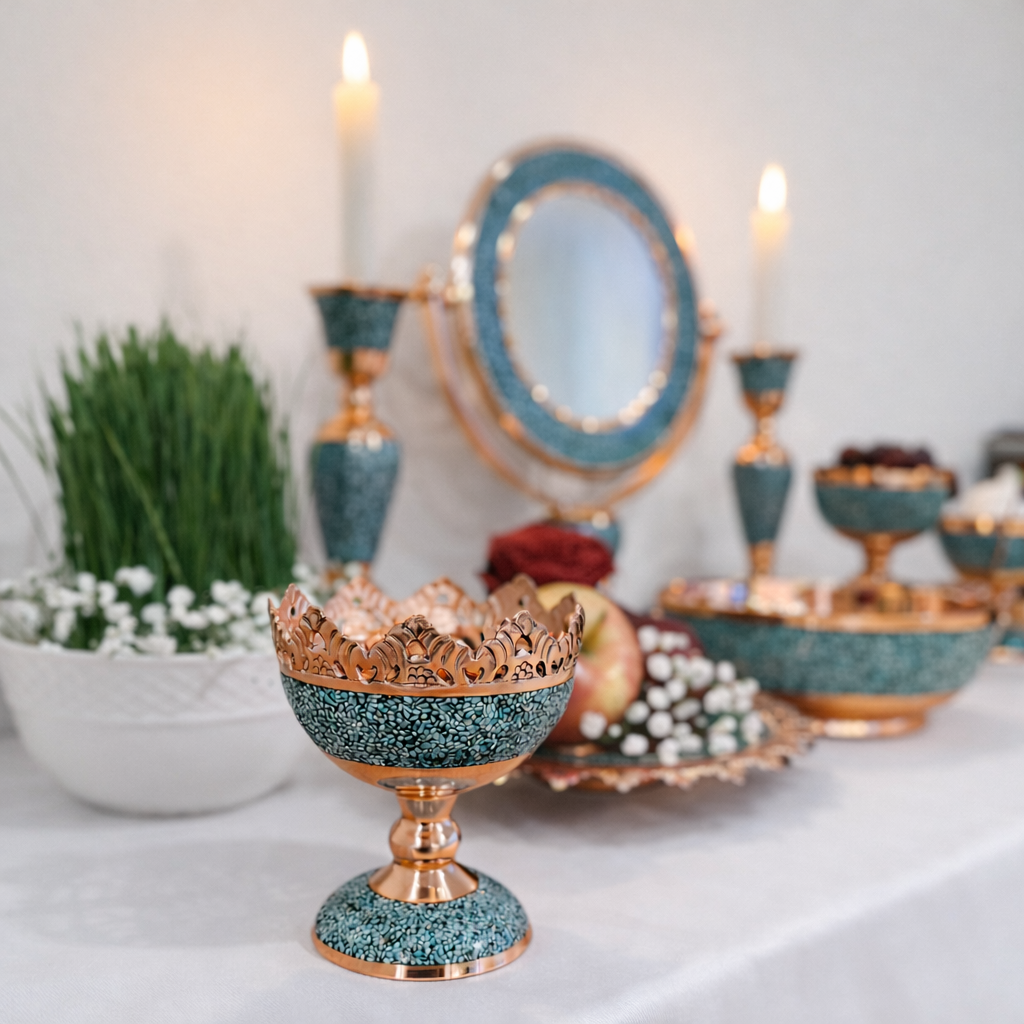 Handmade Persian turquoise inlay (Firoozeh Koobi) Haft-Seen (haftsin) Set . A unique decorative art piece, perfect for home décor, gifts, or collectibles.