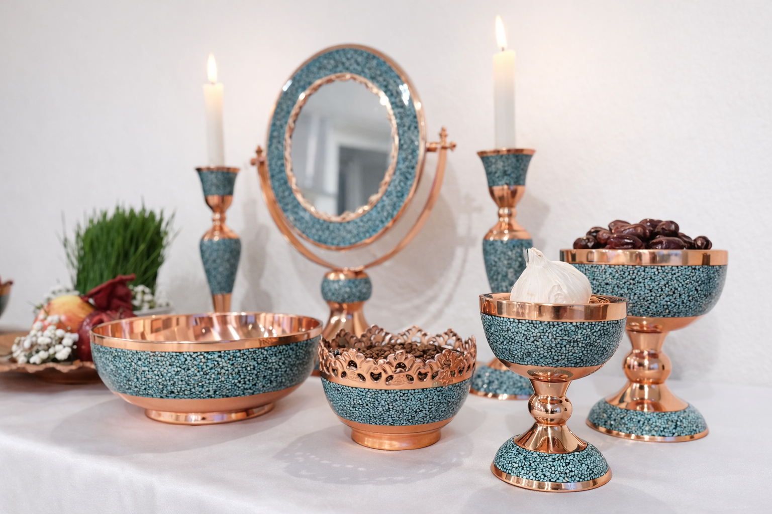 Handmade Persian turquoise inlay (Firoozeh Koobi) Haft-Seen (haftsin) Set . A unique decorative art piece, perfect for home décor, gifts, or collectibles.