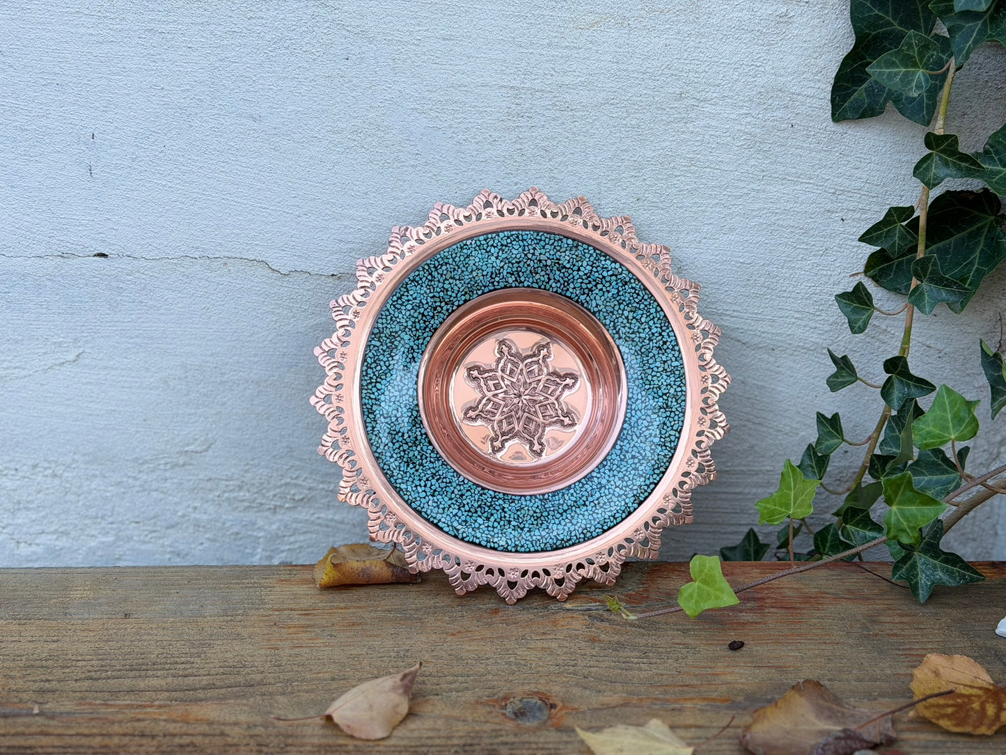 Handmade Persian Turquoise Inlaying (FiroozehKoobi) Latticed Plate. A unique decorative art piece, perfect for home décor, gifts, or collectibles.