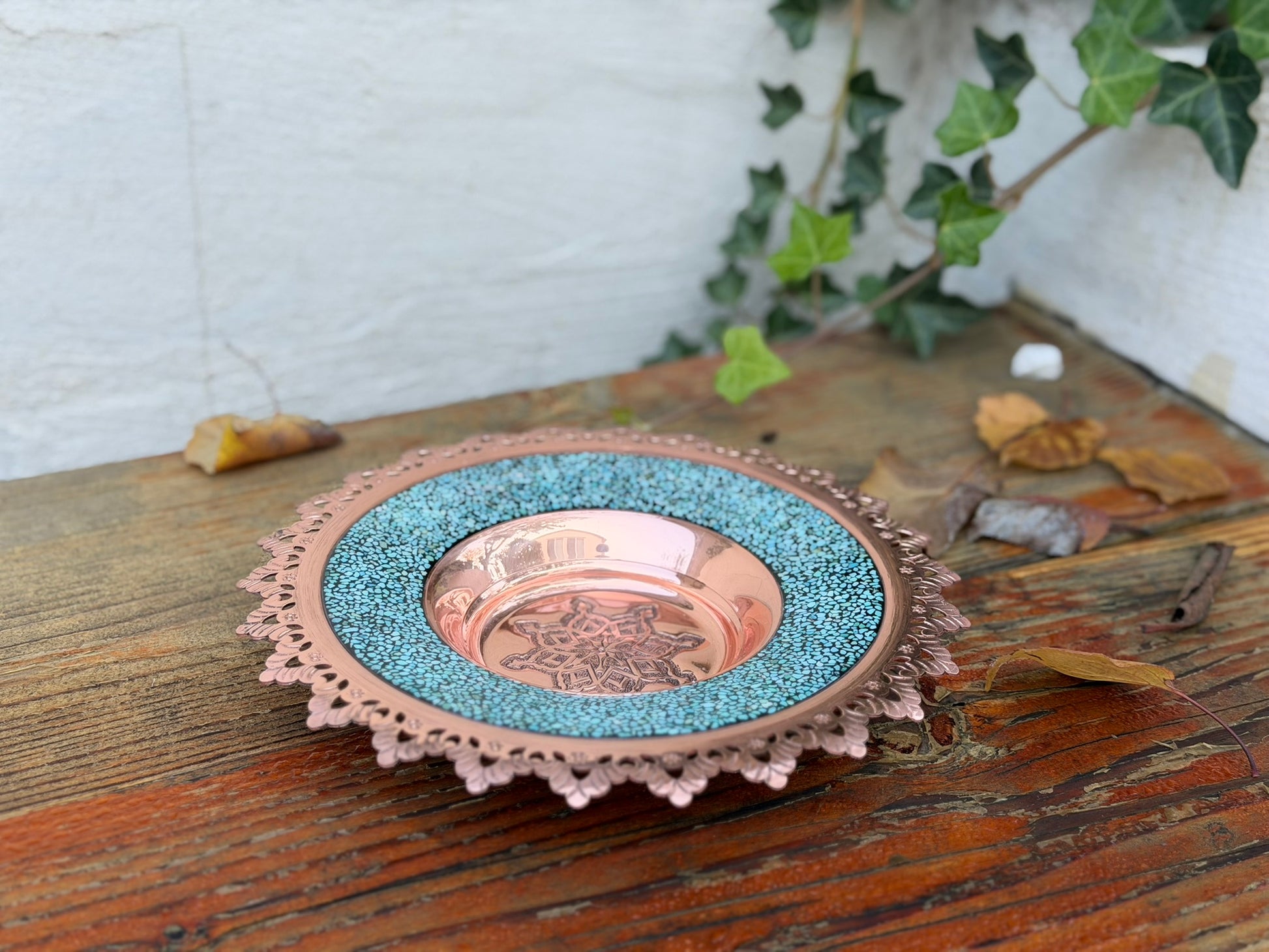 Handmade Persian Turquoise Inlaying (FiroozehKoobi) Latticed Plate. A unique decorative art piece, perfect for home décor, gifts, or collectibles.