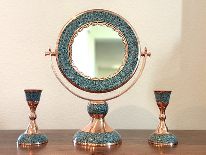 Turquoise Inlaid Copper (Firoozeh Koobi) Mirror | آینه فیروزه کوبی