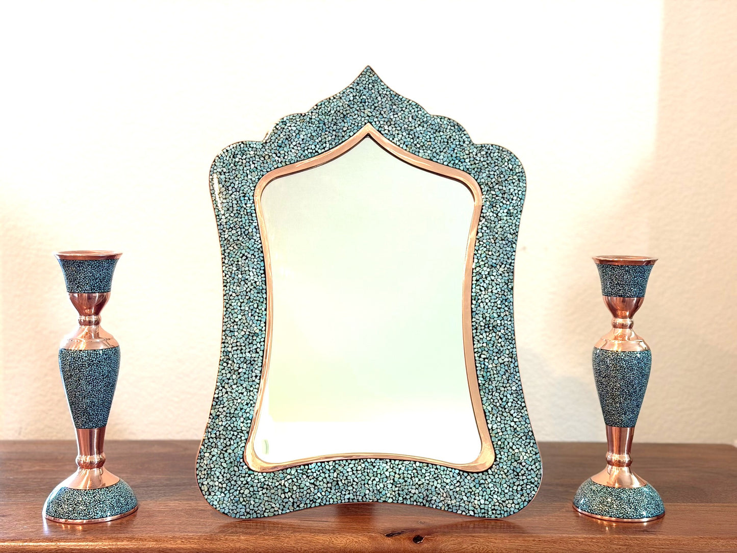 Turquoise Inlaid Copper (Firoozeh Koobi) Mirror | آینه فیروزه کوبی