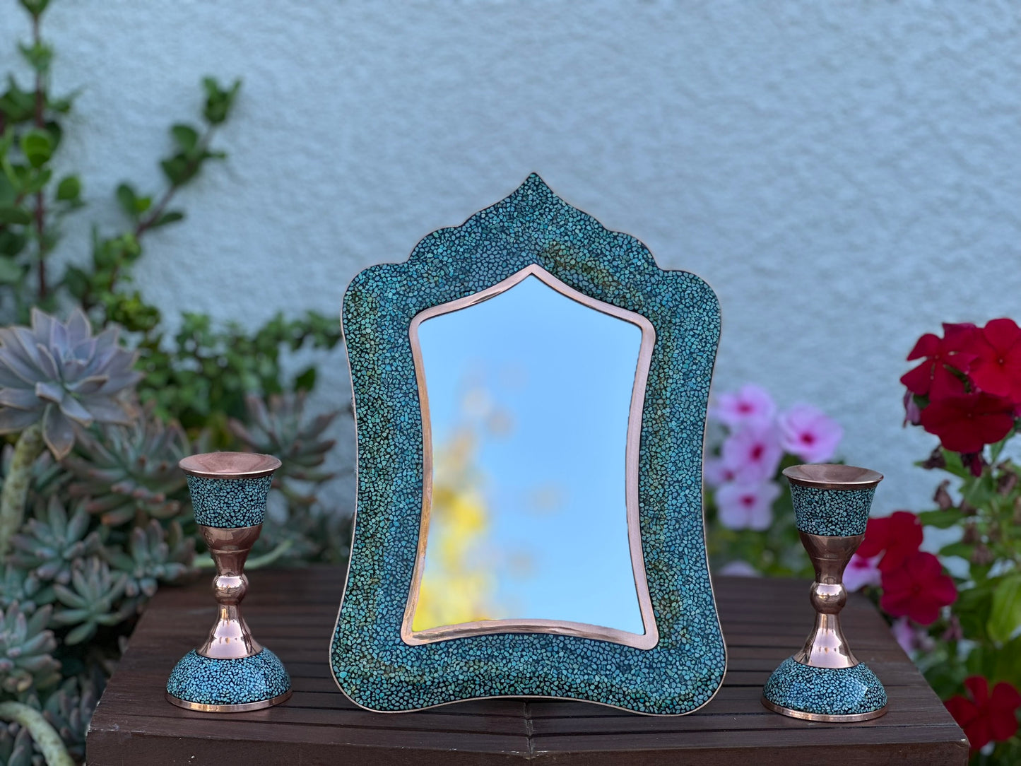 Handmade Turquoise Inlaid Copper (Firoozeh Koobi) Mirror. A unique decorative art piece, perfect for home décor, gifts, or collectibles.