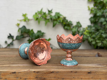 Handmade Persian Turquoise Inlaid Copper (Firoozeh Koobi) nut bowl. A handmade decorative centerpiece, perfect for gifts, nowruz haftseen or home décor.