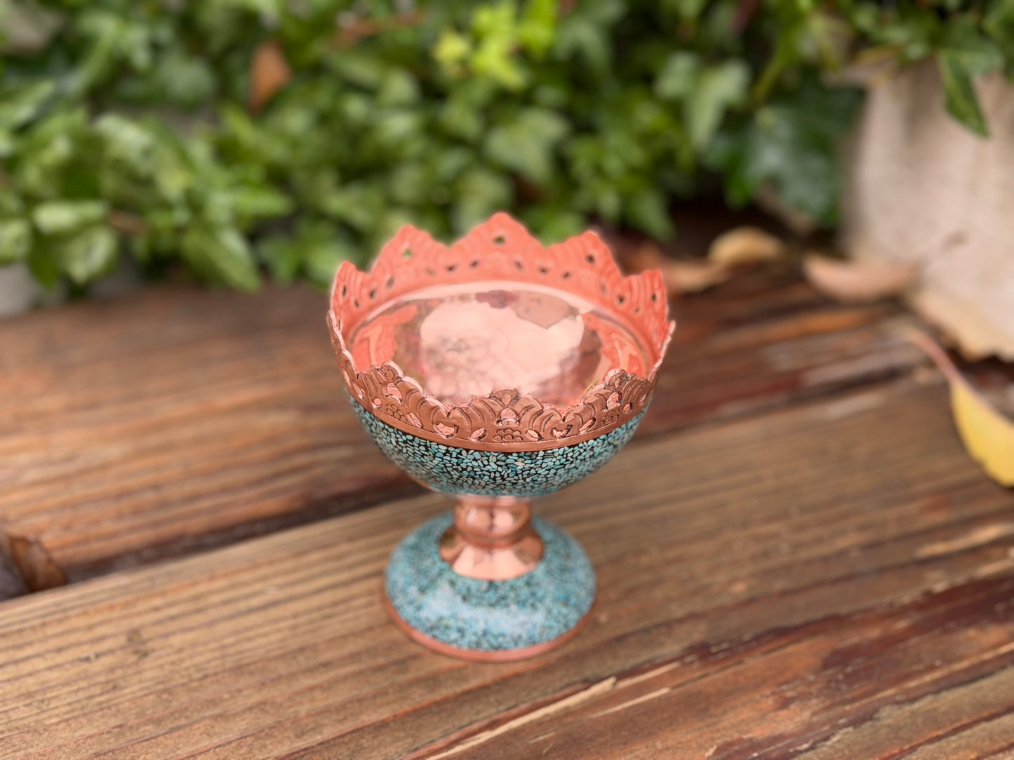 Handmade Persian Turquoise Inlaid Copper (Firoozeh Koobi) nut bowl. A handmade decorative centerpiece, perfect for gifts, nowruz haftseen or home décor.