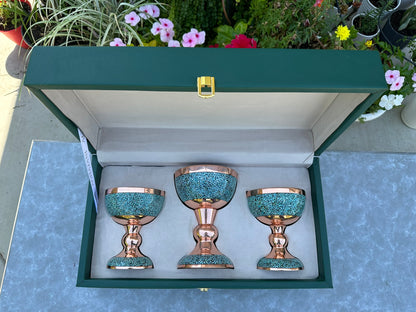 Handmade Persian Turquoise Inlaid Copper (Firoozeh Koobi) bowl gift box. A handmade decorative centerpiece, perfect for gifts or home décor.