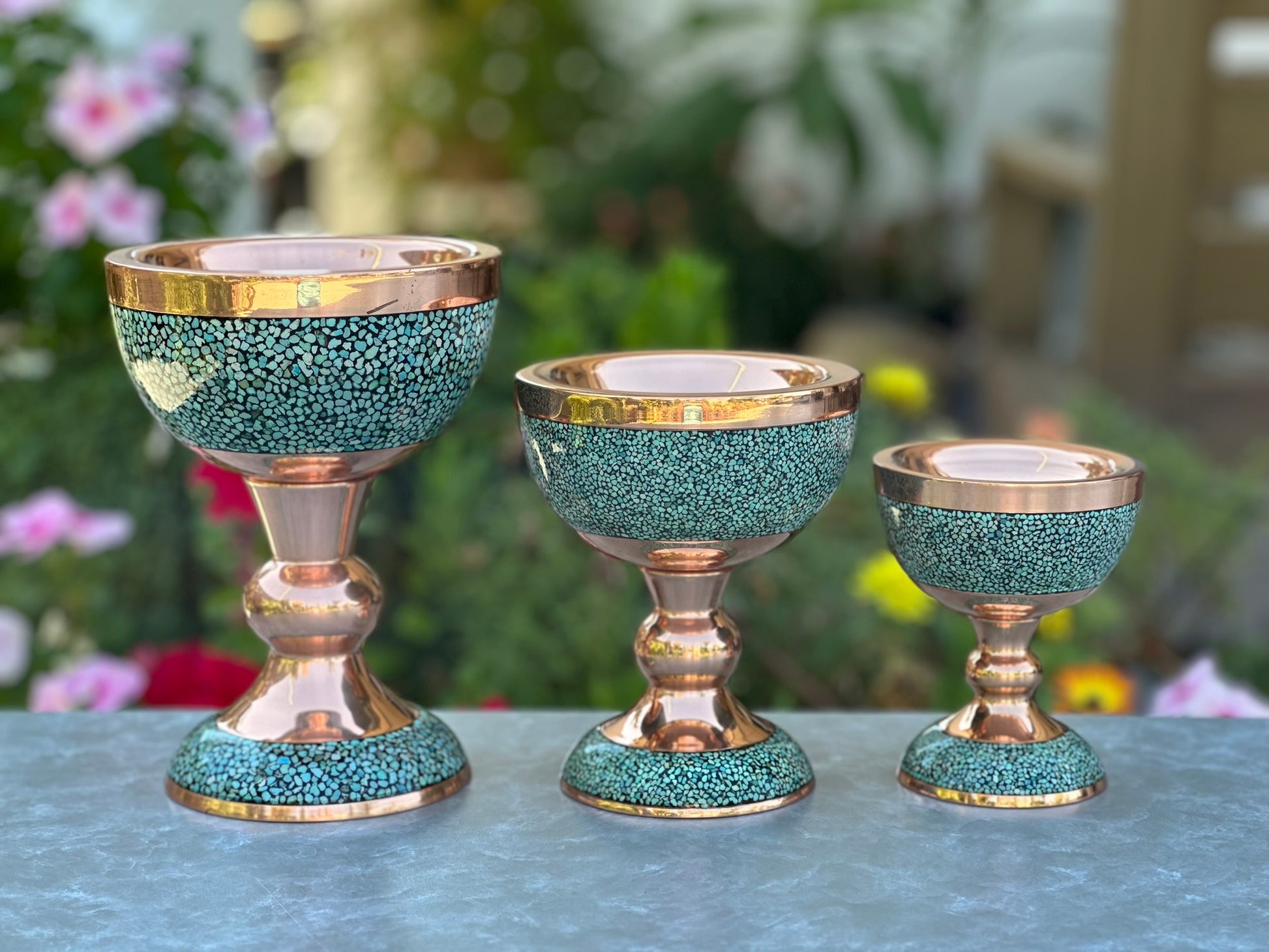 Handmade Persian Turquoise Inlaid Copper (Firoozeh Koobi) bowl. A handmade decorative centerpiece, perfect for gifts or home décor.