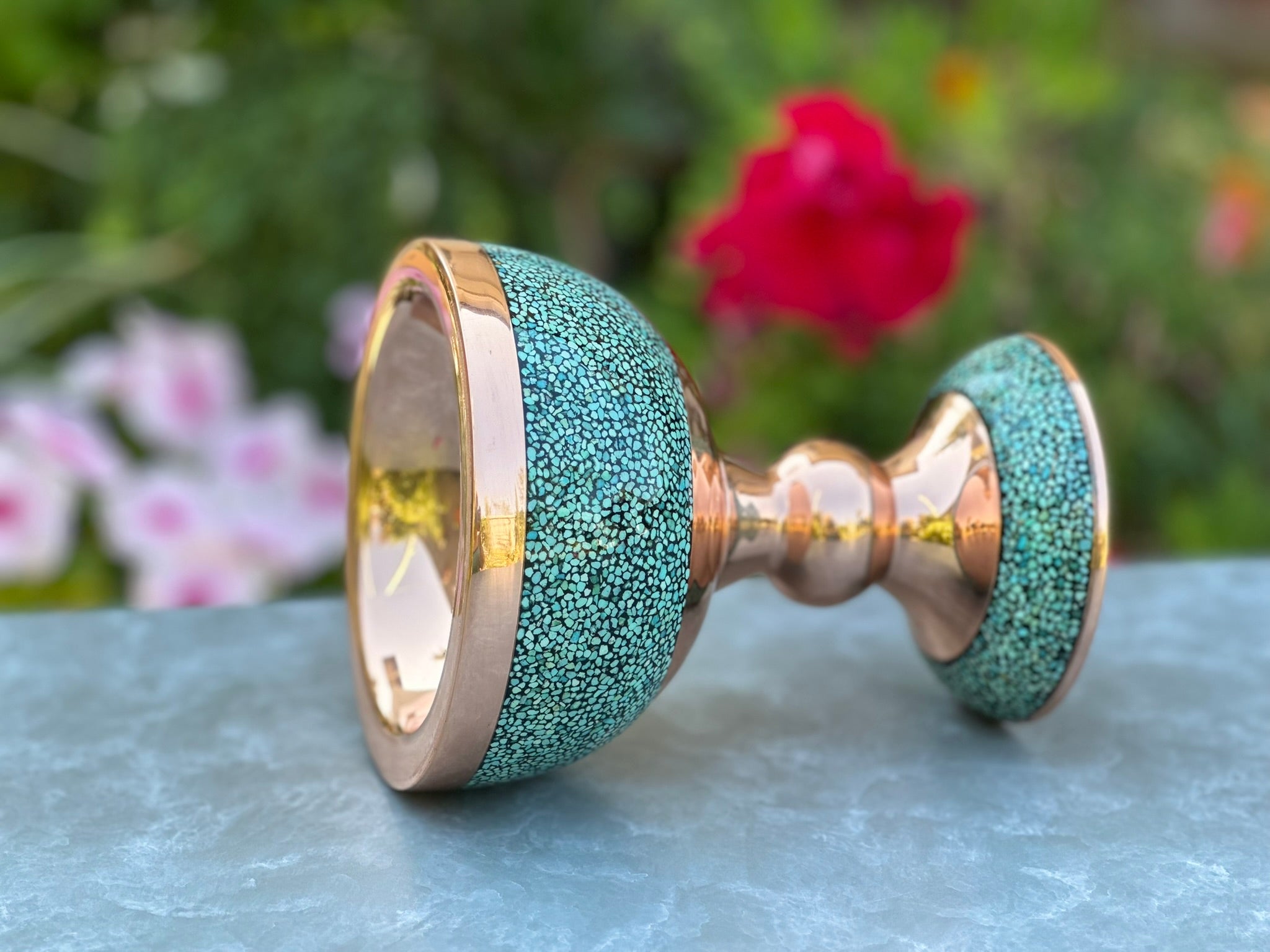 Turquoise Inlaid Copper (Firoozeh Koobi) Bowl (Sangab)| سنگاب