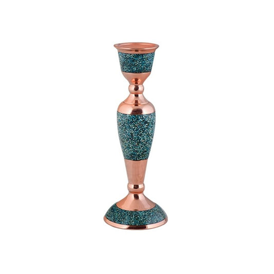 Elegant Persian Turquoise Inlaid Copper (Firoozeh Koobi) candlestick. Handmade décor piece, ideal for gifts, home decoration, or collectible art.