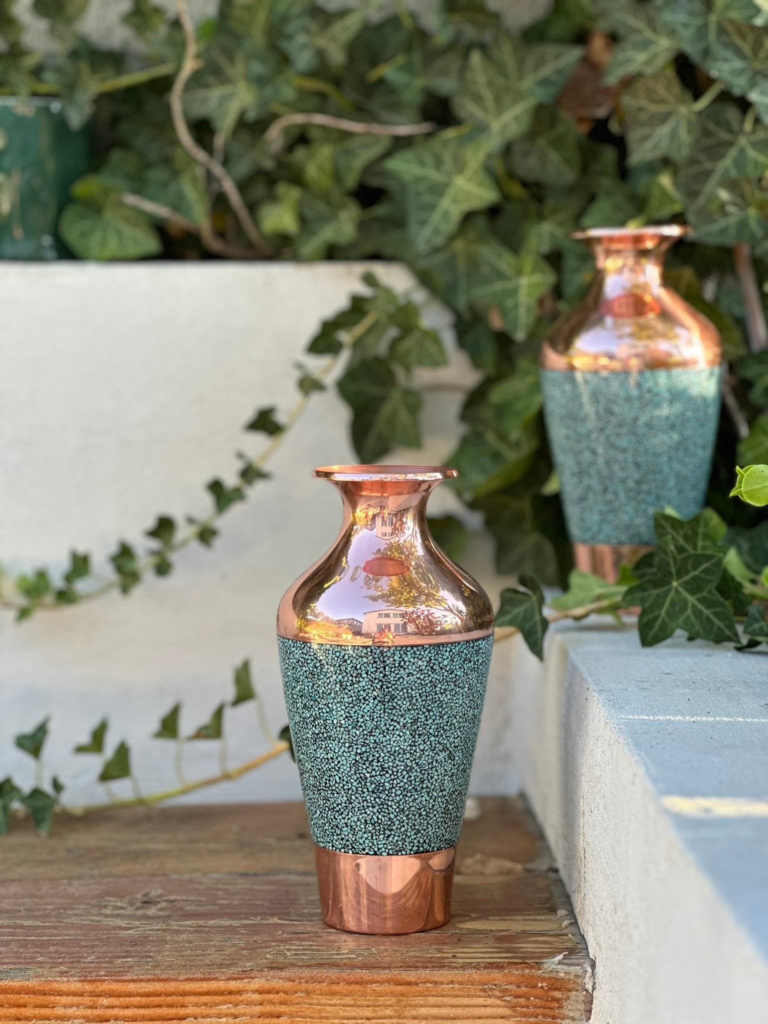 Handmade Persian Turquoise Inlaid Copper (Firoozeh Koobi) Seljuk Style vase. A unique decorative art piece, perfect for home décor, gifts, or collectibles.