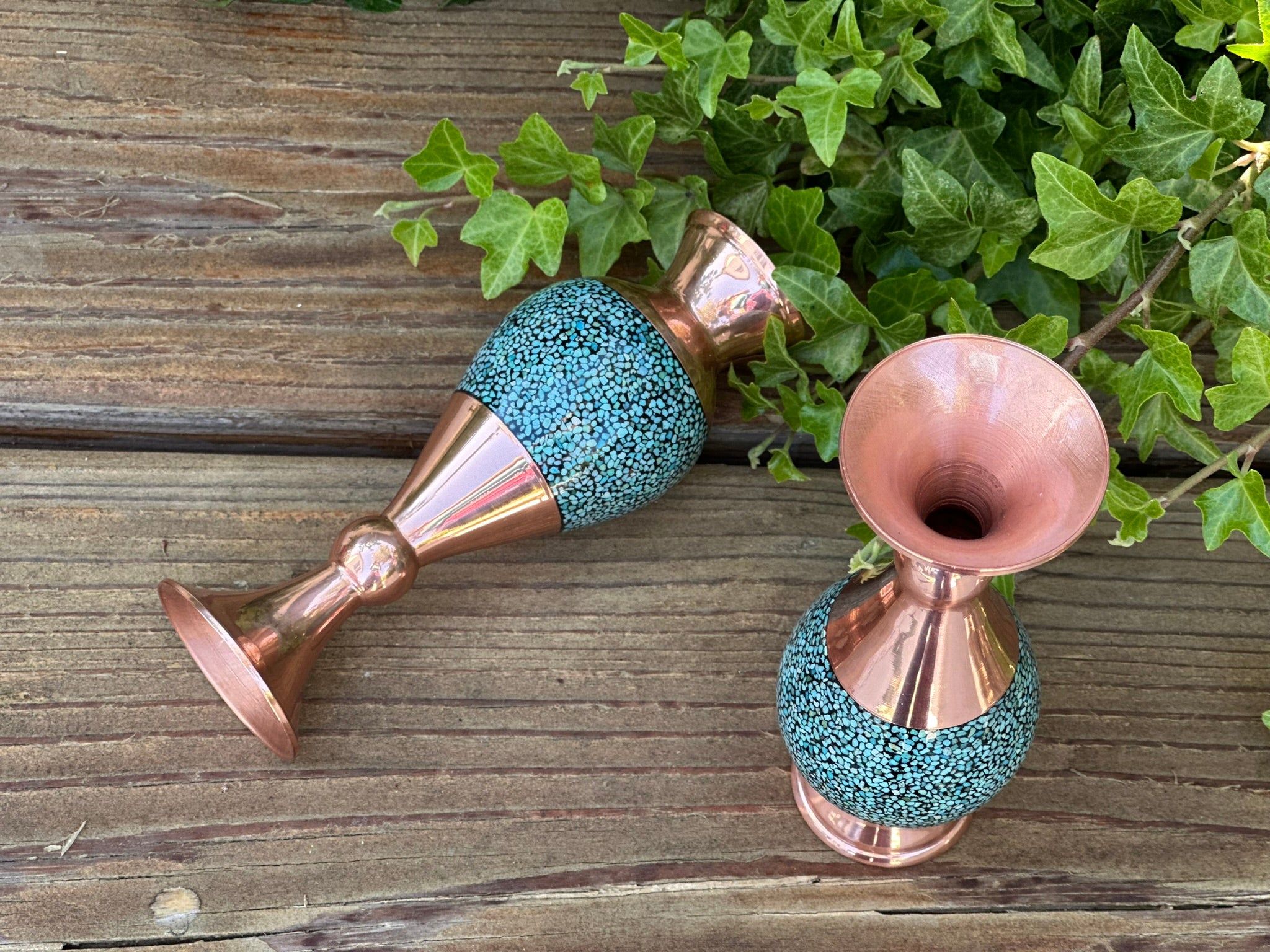 Turquoise Inlaid Copper (Firoozeh Koobi) Vase | گلدان صراحی فیروزه