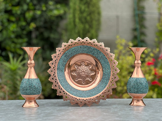 Handmade Persian Turquoise Inlaid Copper (Firoozeh Koobi) Vase and Plate Gift set. A unique decorative art piece, perfect for home décor, gifts, or collectibles.