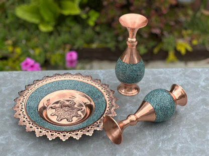 Handmade Persian Turquoise Inlaid Copper (Firoozeh Koobi) Vase and Plate Gift set. A unique decorative art piece, perfect for home décor, gifts, or collectibles.