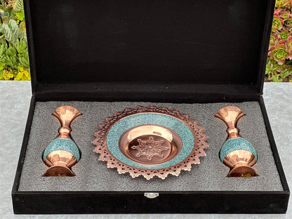 Handmade Persian Turquoise Inlaid Copper (Firoozeh Koobi) Vase and Plate Gift set. A unique decorative art piece, perfect for home décor, gifts, or collectibles.