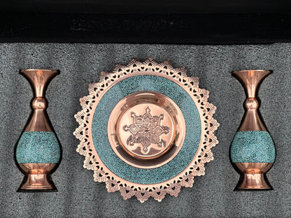 Handmade Persian Turquoise Inlaid Copper (Firoozeh Koobi) Vase and Plate Gift set. A unique decorative art piece, perfect for home décor, gifts, or collectibles.